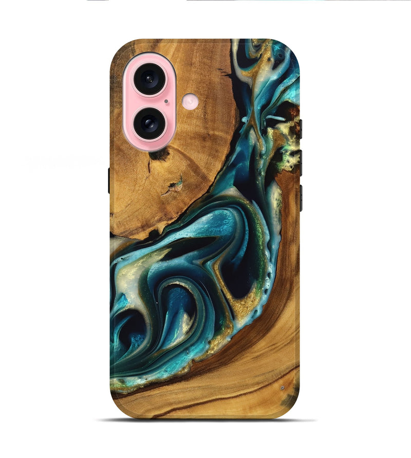 iPhone 16 Wood Live Edge Phone Case - Debra (Teal & Gold, 738069)