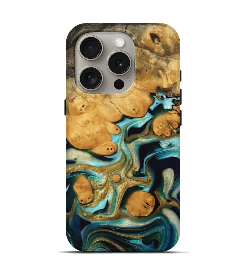 iPhone 16 Pro Wood Live Edge Phone Case - Halli (Teal & Gold, 738070)