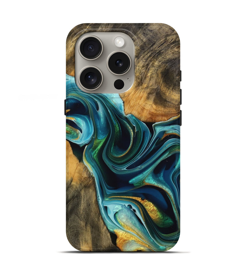 iPhone 16 Pro Wood Live Edge Phone Case - Roby (Teal & Gold, 738072)