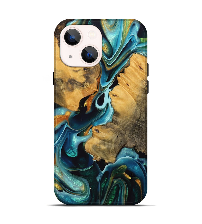 iPhone 14 Wood Live Edge Phone Case - Mervyn (Teal & Gold, 738074)