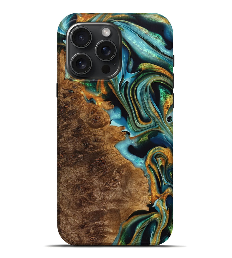 iPhone 16 Pro Max Wood Live Edge Phone Case - Mirella (Teal & Gold, 738075)