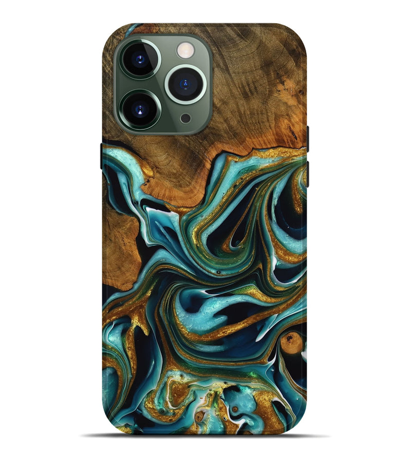 iPhone 13 Pro Max Wood Live Edge Phone Case - Toney (Teal & Gold, 738827)