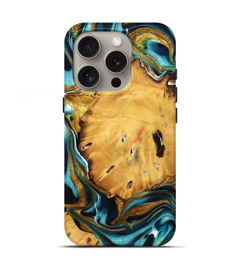 iPhone 16 Pro Wood Live Edge Phone Case - Louie (Teal & Gold, 738828)