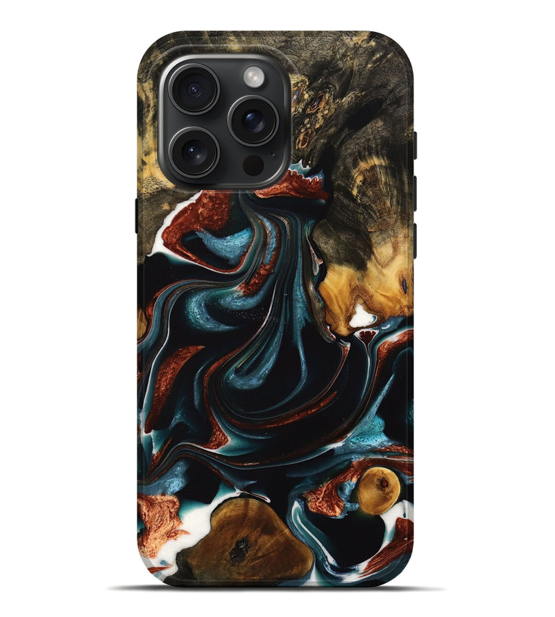 iPhone 16 Pro Max Wood Live Edge Phone Case - Martin (Teal & Gold, 739075)