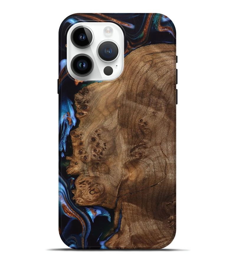 iPhone 15 Pro Max Wood Live Edge Phone Case - Nerissa (Teal & Gold, 739081)