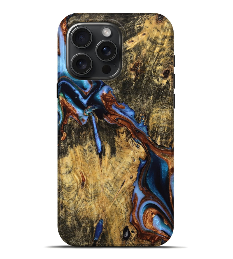 iPhone 16 Pro Max Wood Live Edge Phone Case - Sephira (Teal & Gold, 739084)