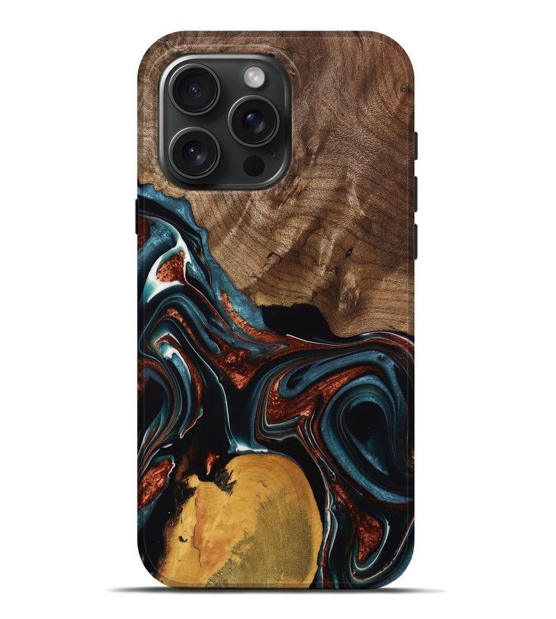iPhone 16 Pro Max Wood Live Edge Phone Case - Debroah (Teal & Gold, 739088)