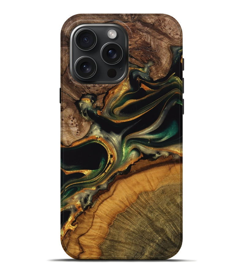 iPhone 16 Pro Max Wood Live Edge Phone Case - Hiroki (Teal & Gold, 739089)