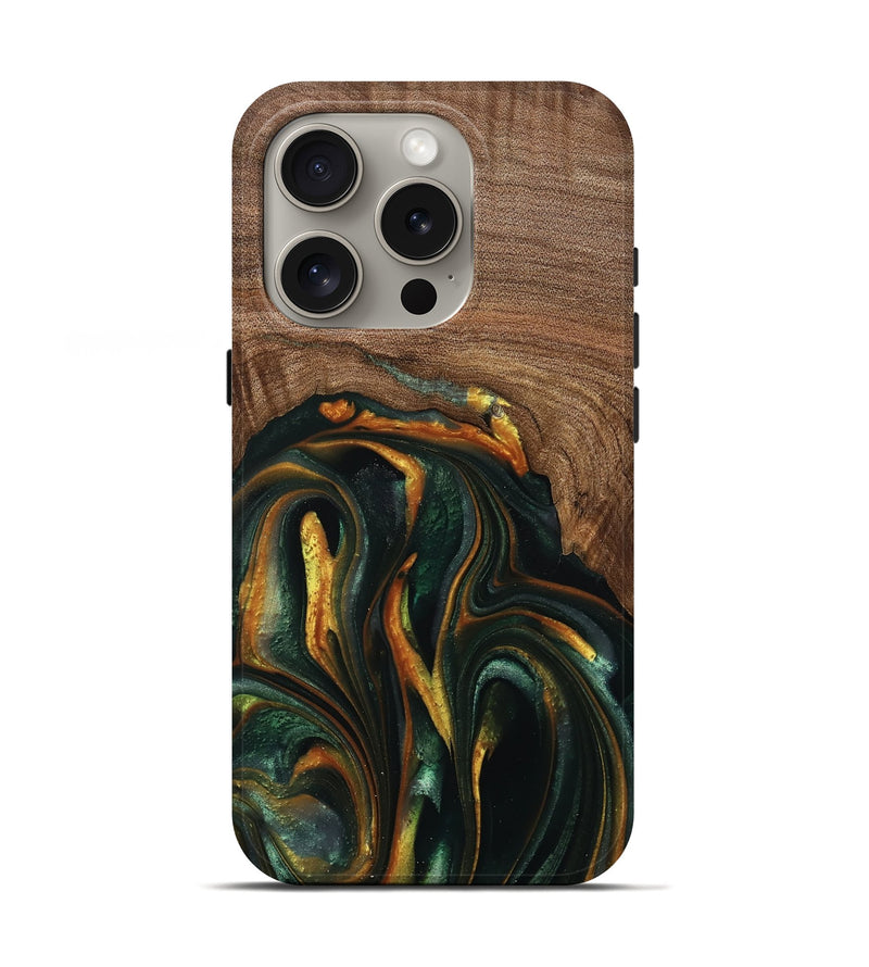 iPhone 16 Pro Wood Live Edge Phone Case - Stacia (Teal & Gold, 739482)
