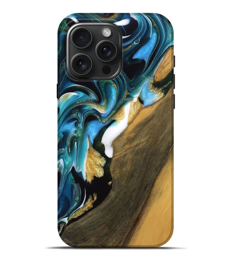 iPhone 16 Pro Max Wood Live Edge Phone Case - Myles (Teal & Gold, 739511)