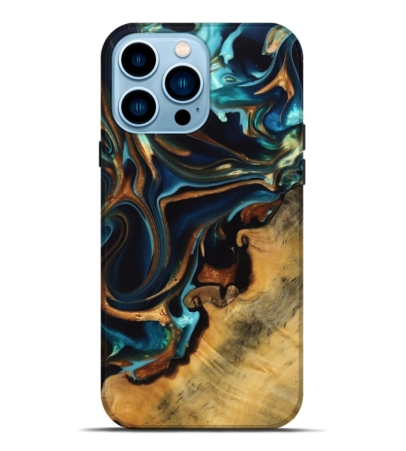 iPhone 14 Pro Max Wood Live Edge Phone Case - Gihan (Teal & Gold, 739512)