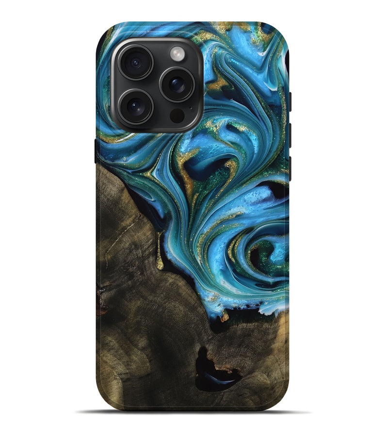 iPhone 16 Pro Max Wood Live Edge Phone Case - Reba (Teal & Gold, 739514)