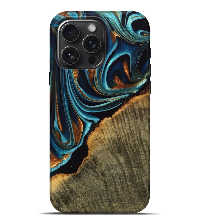 iPhone 16 Pro Max Wood Live Edge Phone Case - Tashina (Teal & Gold, 739517)