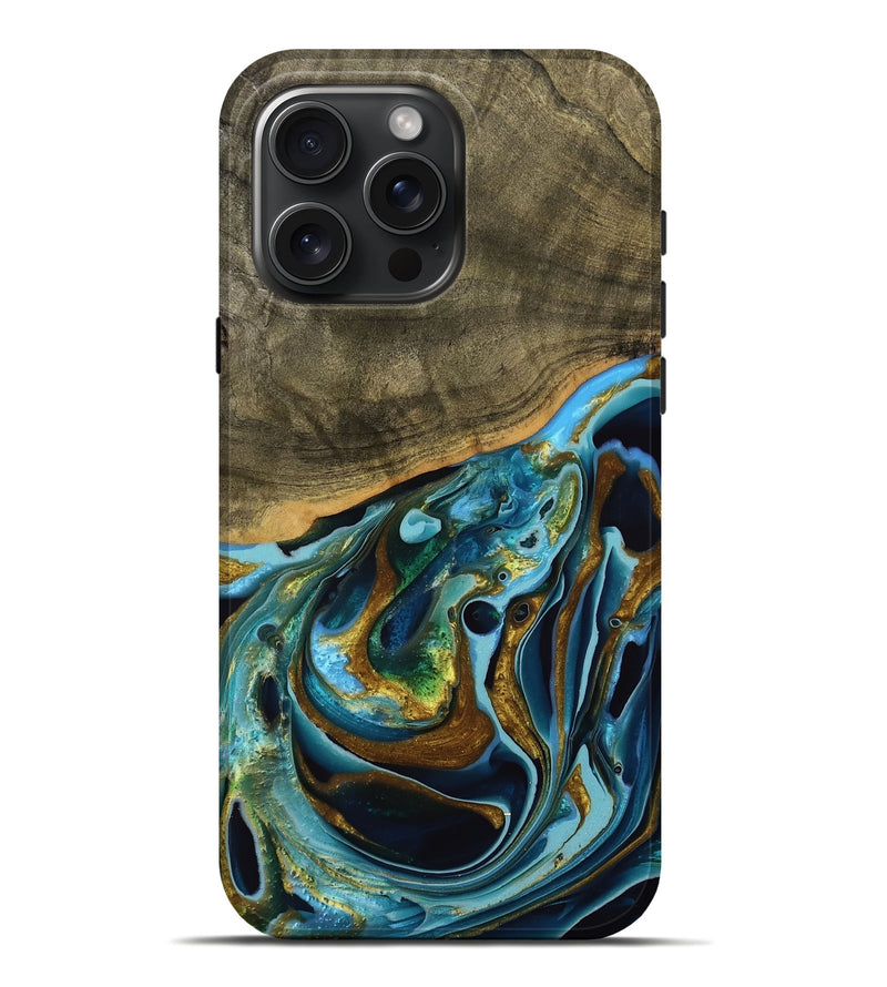 iPhone 16 Pro Max Wood Live Edge Phone Case - Filia (Teal & Gold, 739518)