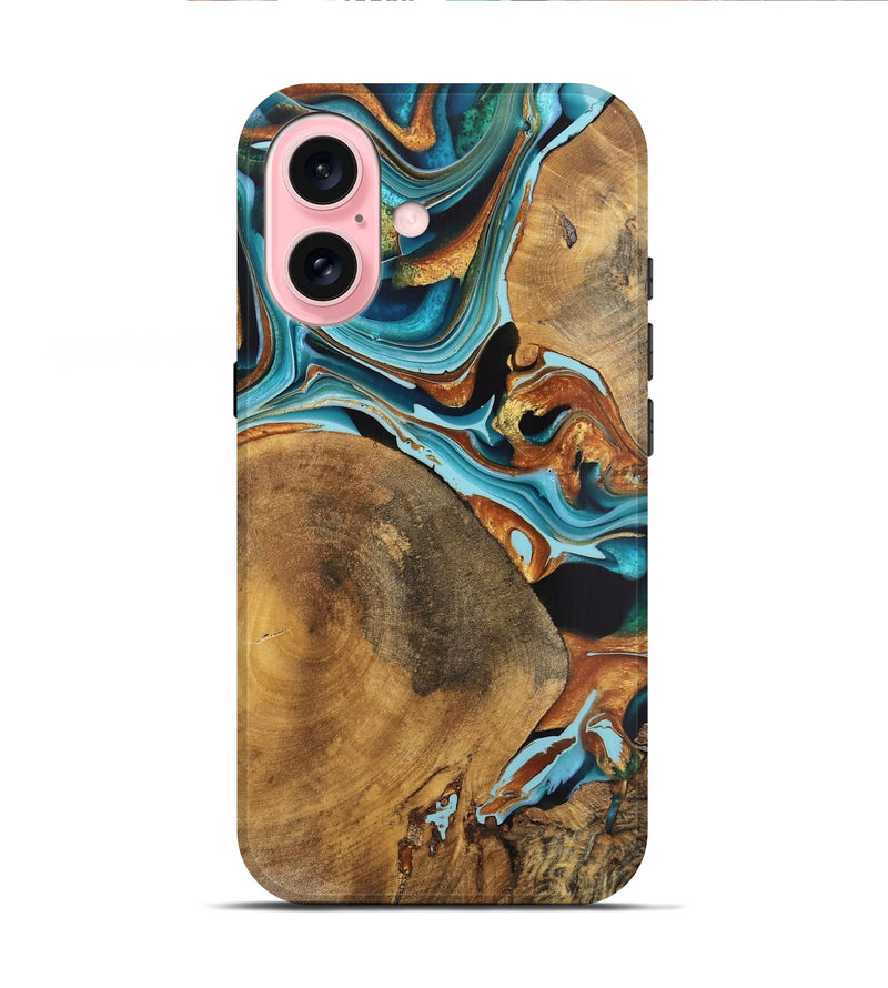 iPhone 16 Wood Live Edge Phone Case - Iona (Teal & Gold, 740099)