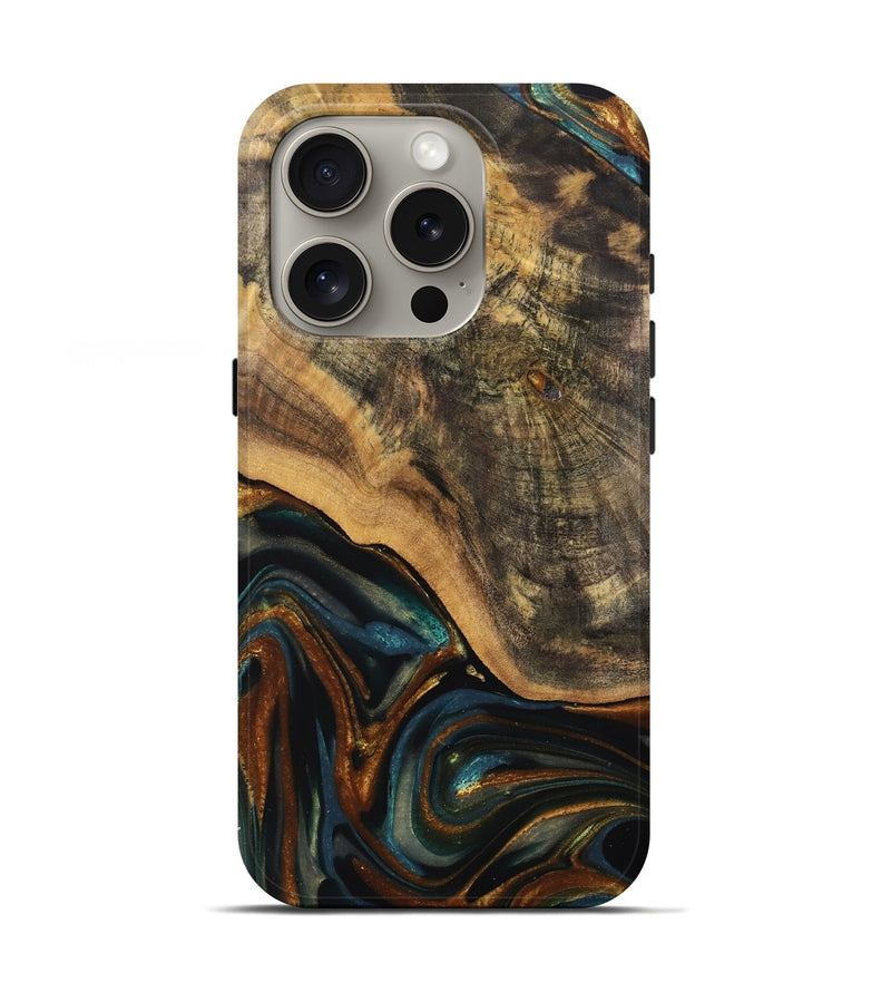 iPhone 16 Pro Wood Live Edge Phone Case - Greyson (Teal & Gold, 740100)