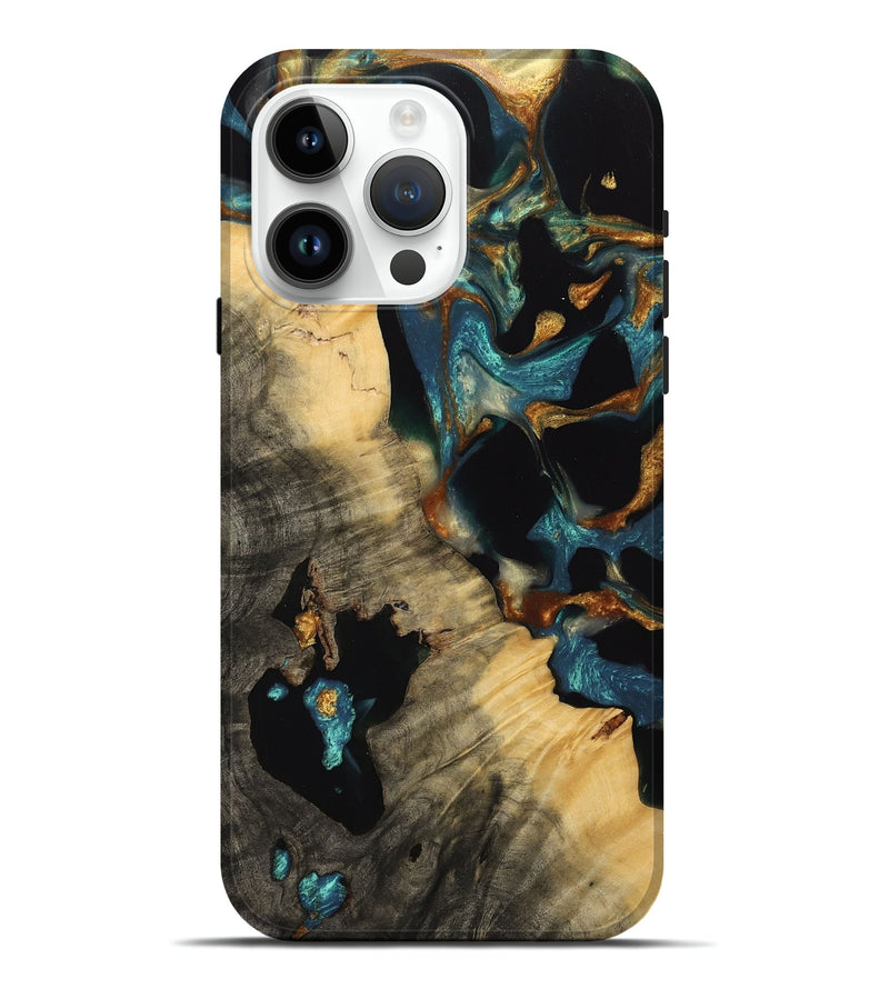 iPhone 15 Pro Max Wood Live Edge Phone Case - Sotos (Teal & Gold, 740102)