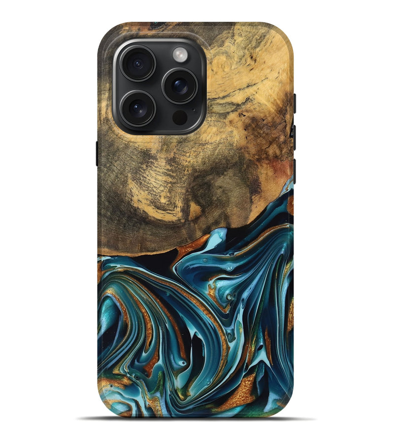 iPhone 16 Pro Max Wood Live Edge Phone Case - Garett (Teal & Gold, 740105)