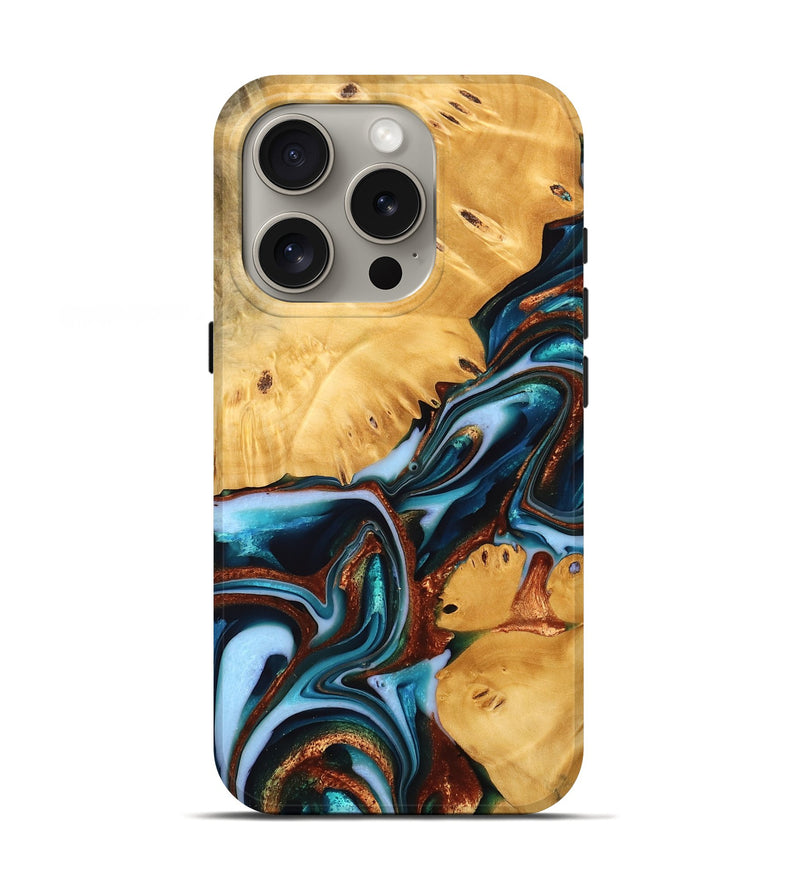 iPhone 16 Pro Wood Live Edge Phone Case - Venja (Teal & Gold, 740140)
