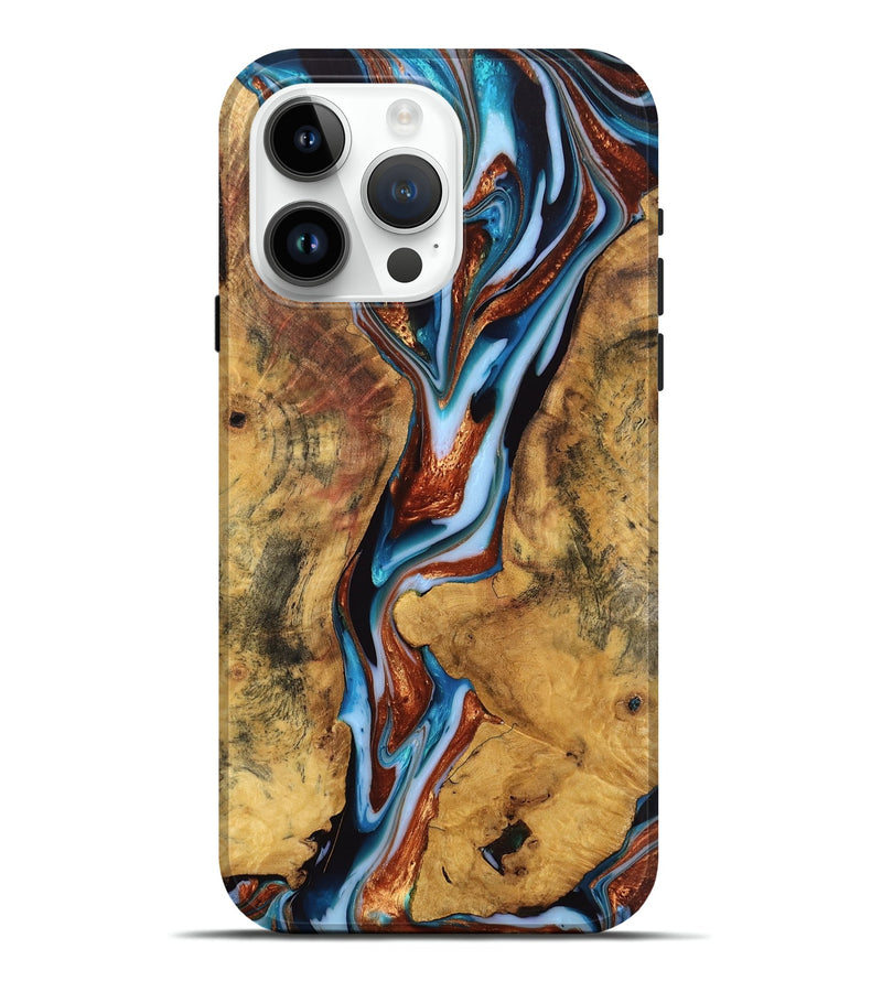 iPhone 15 Pro Max Wood Live Edge Phone Case - Hedvig (Teal & Gold, 740141)