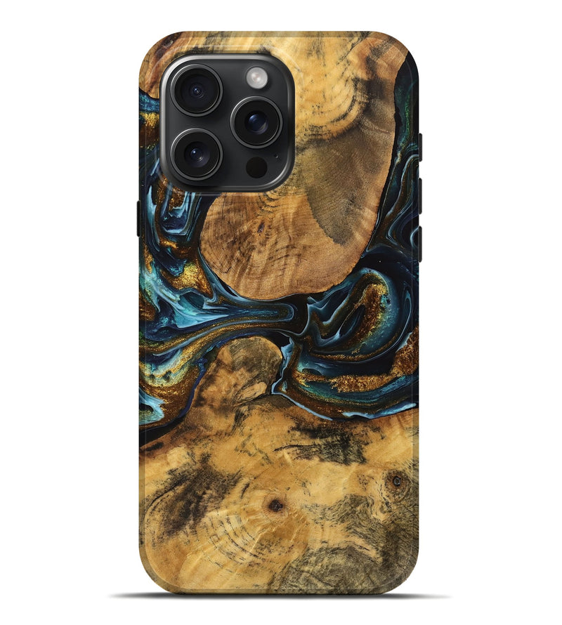 iPhone 16 Pro Max Wood Live Edge Phone Case - Sidney (Teal & Gold, 740145)