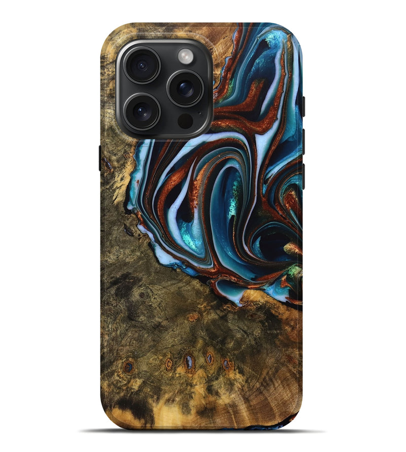 iPhone 16 Pro Max Wood Live Edge Phone Case - Isiah (Teal & Gold, 740156)