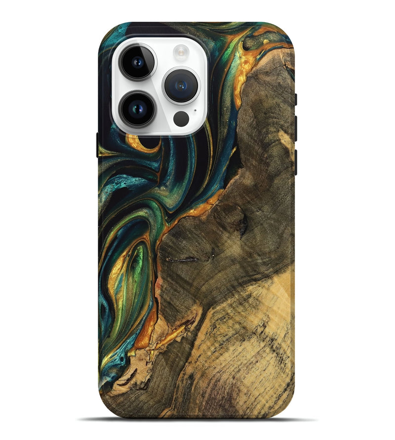 iPhone 15 Pro Max Wood Live Edge Phone Case - Naser (Teal & Gold, 740579)