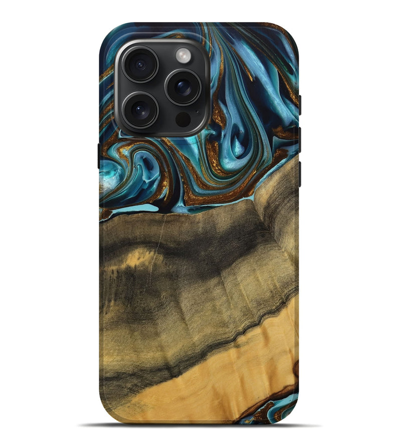 iPhone 16 Pro Max Wood Live Edge Phone Case - Amarjit (Teal & Gold, 740581)