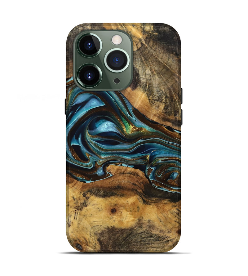 iPhone 13 Pro Wood Live Edge Phone Case - Abbye (Teal & Gold, 740582)
