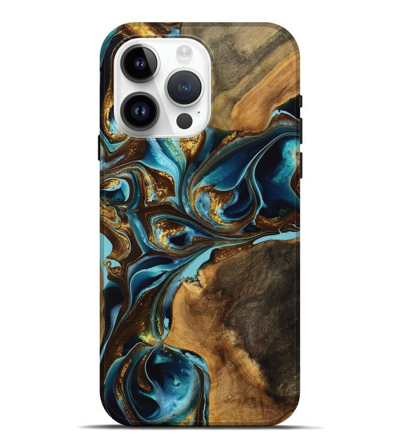 iPhone 15 Pro Max Wood Live Edge Phone Case - Ihor (Teal & Gold, 740588)