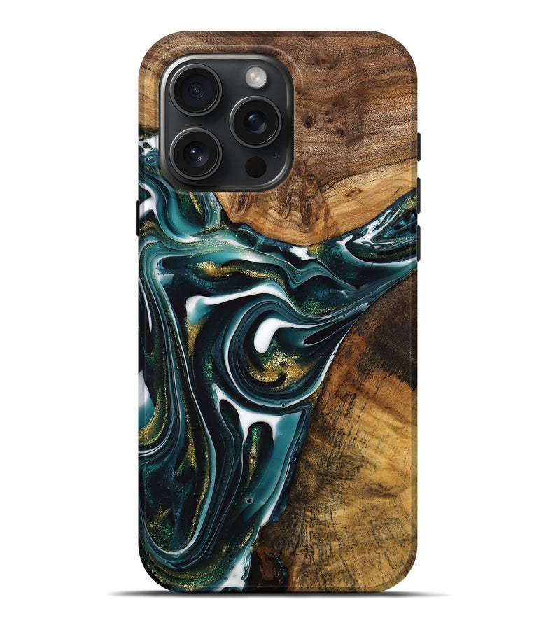 iPhone 16 Pro Max Wood Live Edge Phone Case - Magen (Teal & Gold, 740877)