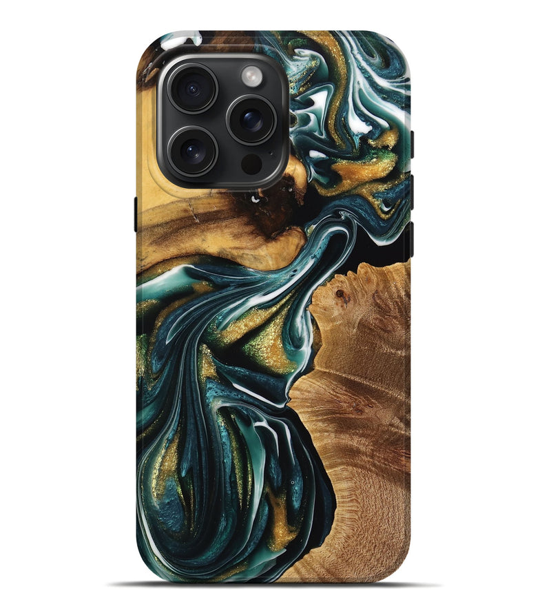 iPhone 16 Pro Max Wood Live Edge Phone Case - Tinto (Teal & Gold, 740884)