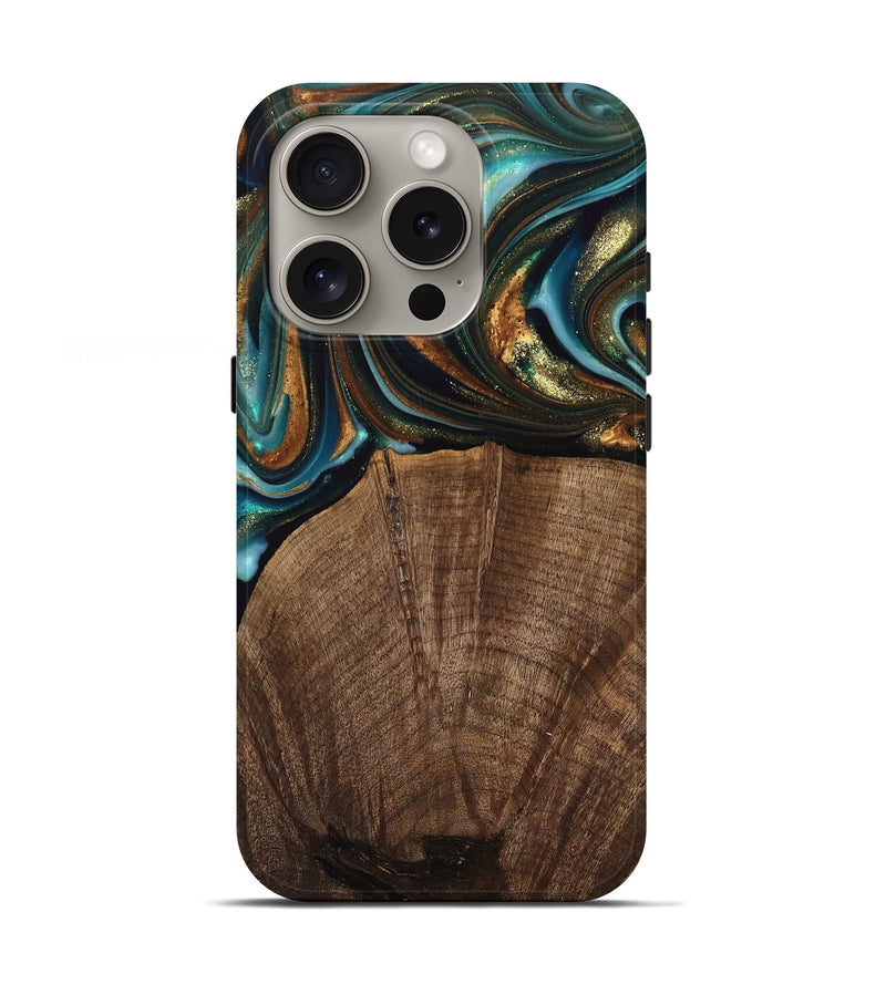 iPhone 16 Pro Wood Live Edge Phone Case - Bell (Teal & Gold, 741325)