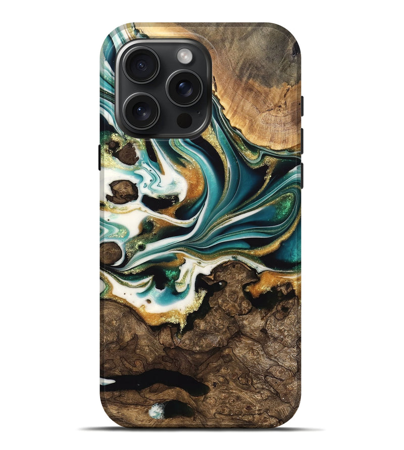 iPhone 16 Pro Max Wood Live Edge Phone Case - Timm (Teal & Gold, 741327)