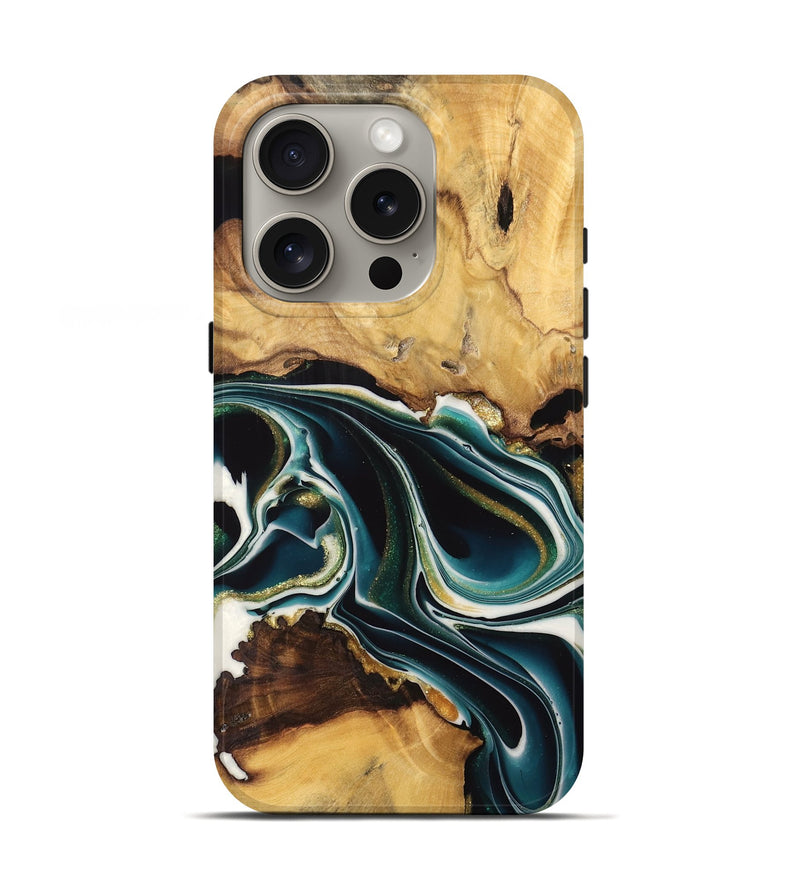 iPhone 16 Pro Wood Live Edge Phone Case - Ellwood (Teal & Gold, 741328)