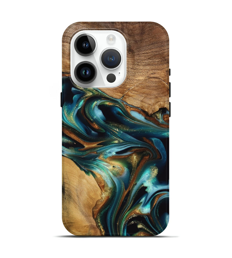 iPhone 15 Pro Wood Live Edge Phone Case - Amye (Teal & Gold, 741339)