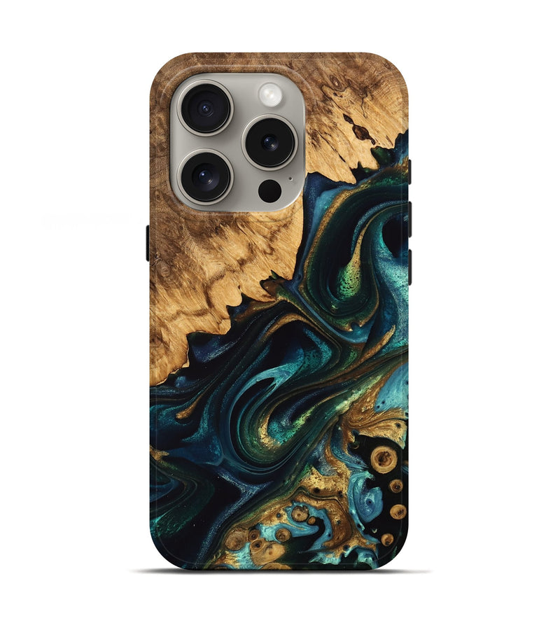 iPhone 16 Pro Wood Live Edge Phone Case - Prida (Teal & Gold, 741615)