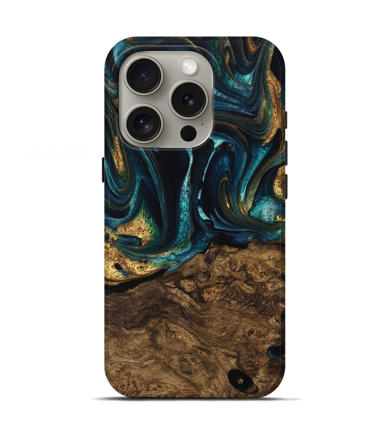 iPhone 16 Pro Wood Live Edge Phone Case - Susanna (Teal & Gold, 741616)