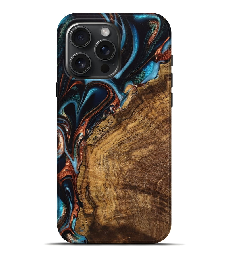iPhone 16 Pro Max Wood Live Edge Phone Case - Vonni (Teal & Gold, 741617)