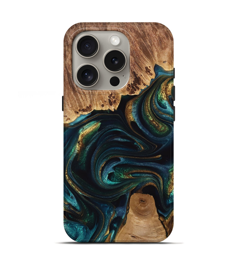 iPhone 16 Pro Wood Live Edge Phone Case - Adora (Teal & Gold, 741618)