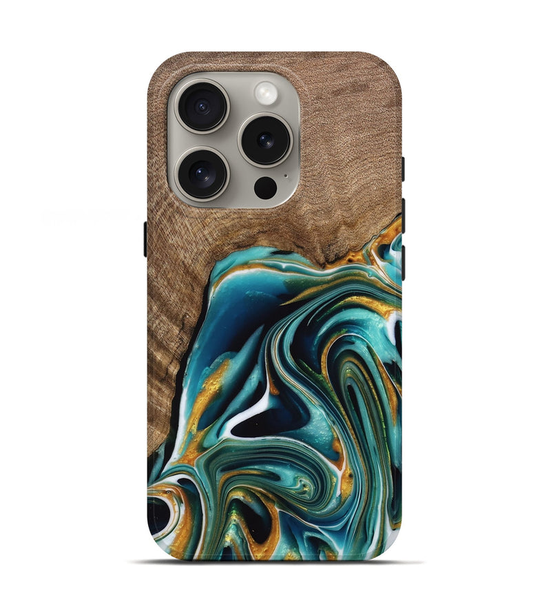 iPhone 16 Pro Wood Live Edge Phone Case - Ferris (Teal & Gold, 741634)
