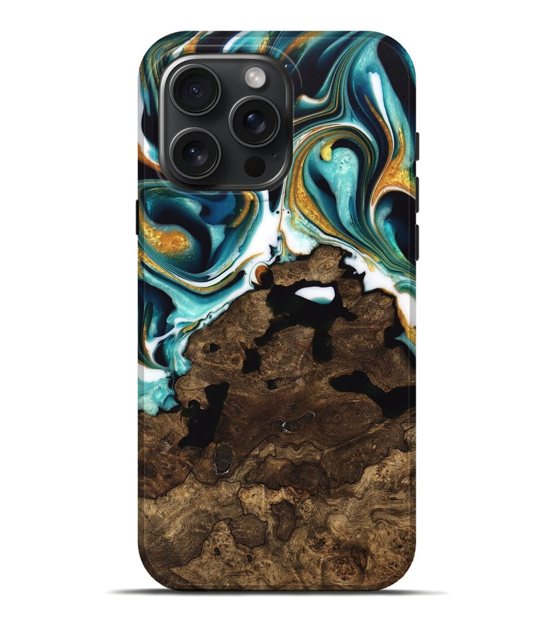 iPhone 16 Pro Max Wood Live Edge Phone Case - Liuka (Teal & Gold, 741635)