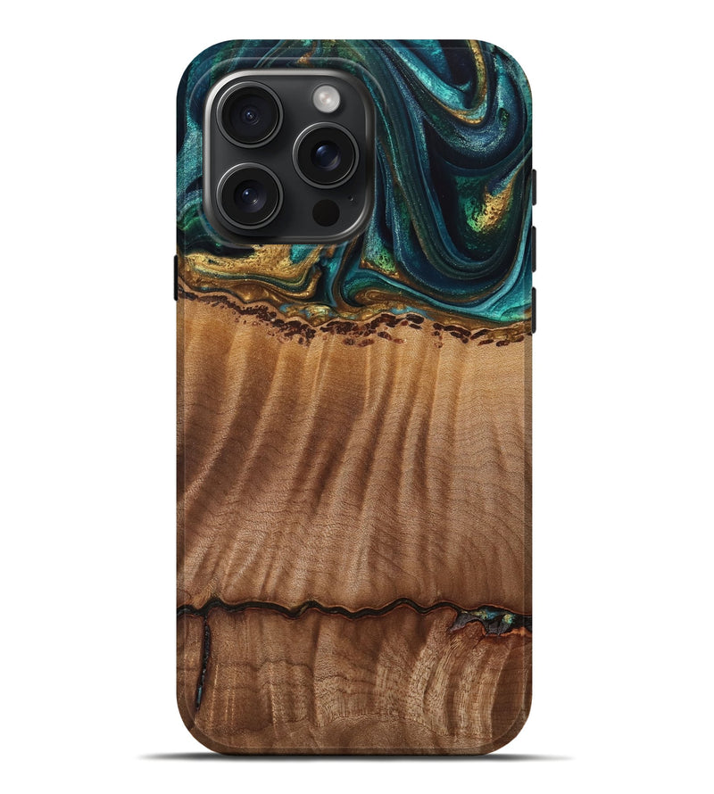 iPhone 16 Pro Max Wood Live Edge Phone Case - Bernete (Teal & Gold, 741637)