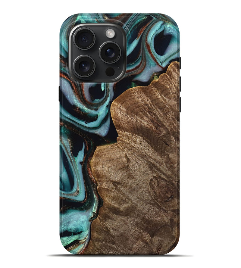 iPhone 16 Pro Max Wood Live Edge Phone Case - Mirjam (Teal & Gold, 742591)