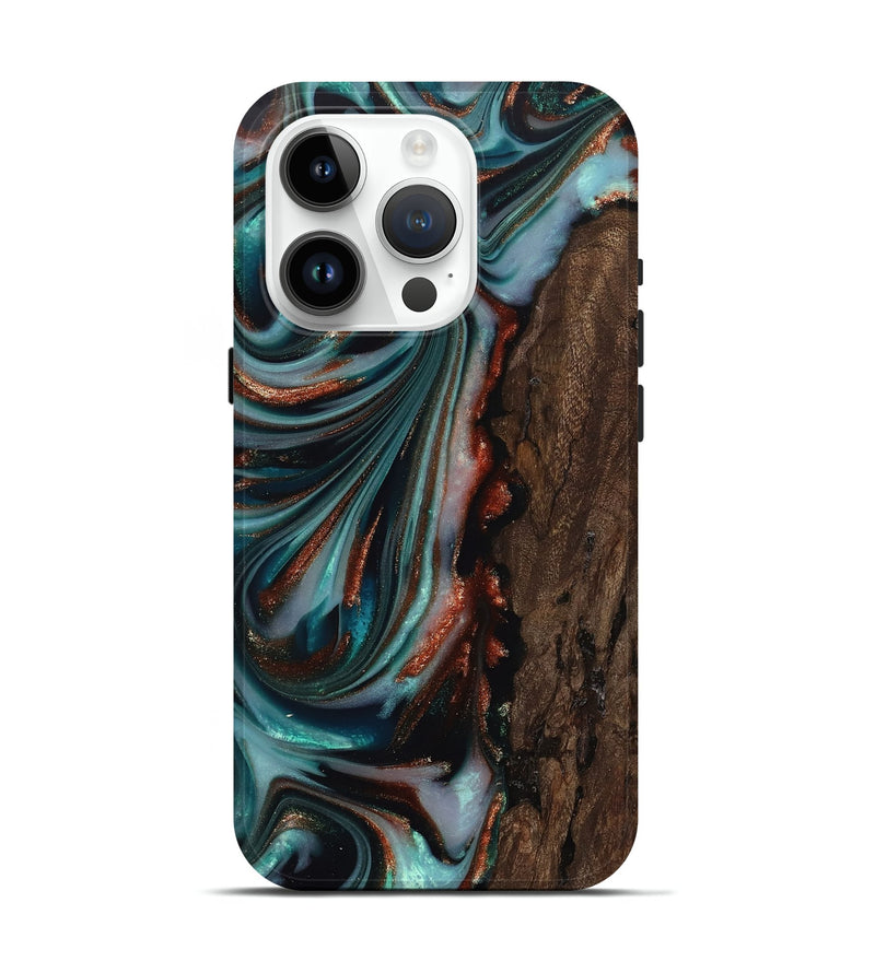 iPhone 15 Pro Wood Live Edge Phone Case - Dico (Teal & Gold, 742593)