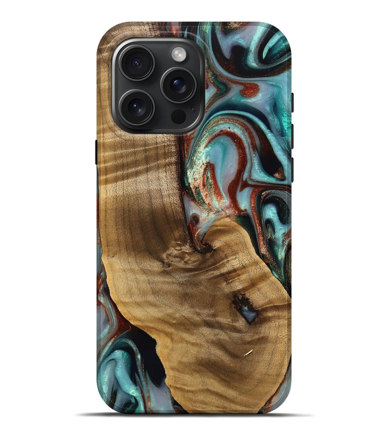 iPhone 16 Pro Max Wood Live Edge Phone Case - Windell (Teal & Gold, 742594)