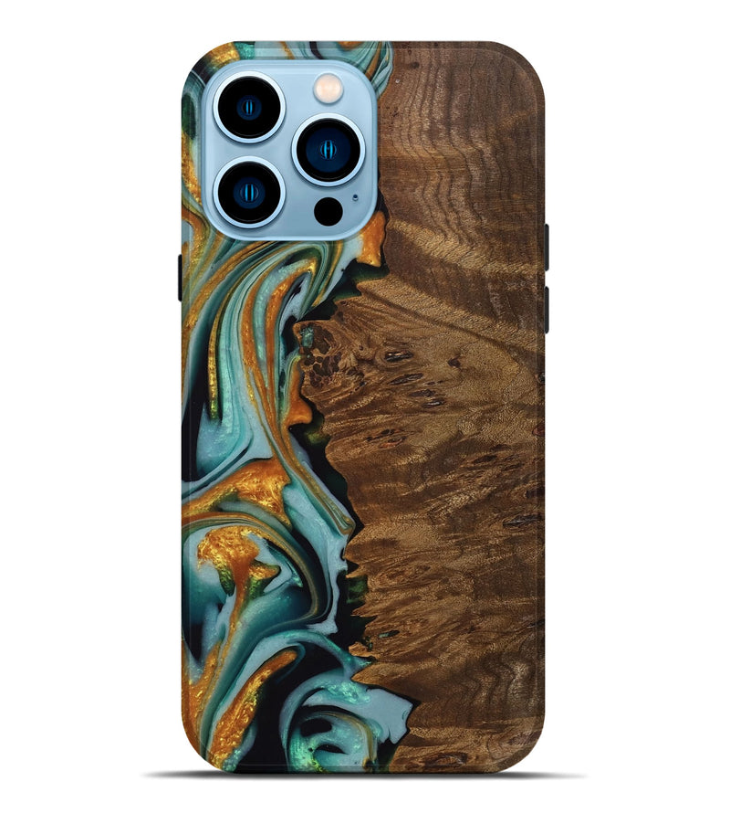 iPhone 14 Pro Max Wood Live Edge Phone Case - West (Teal & Gold, 742966)