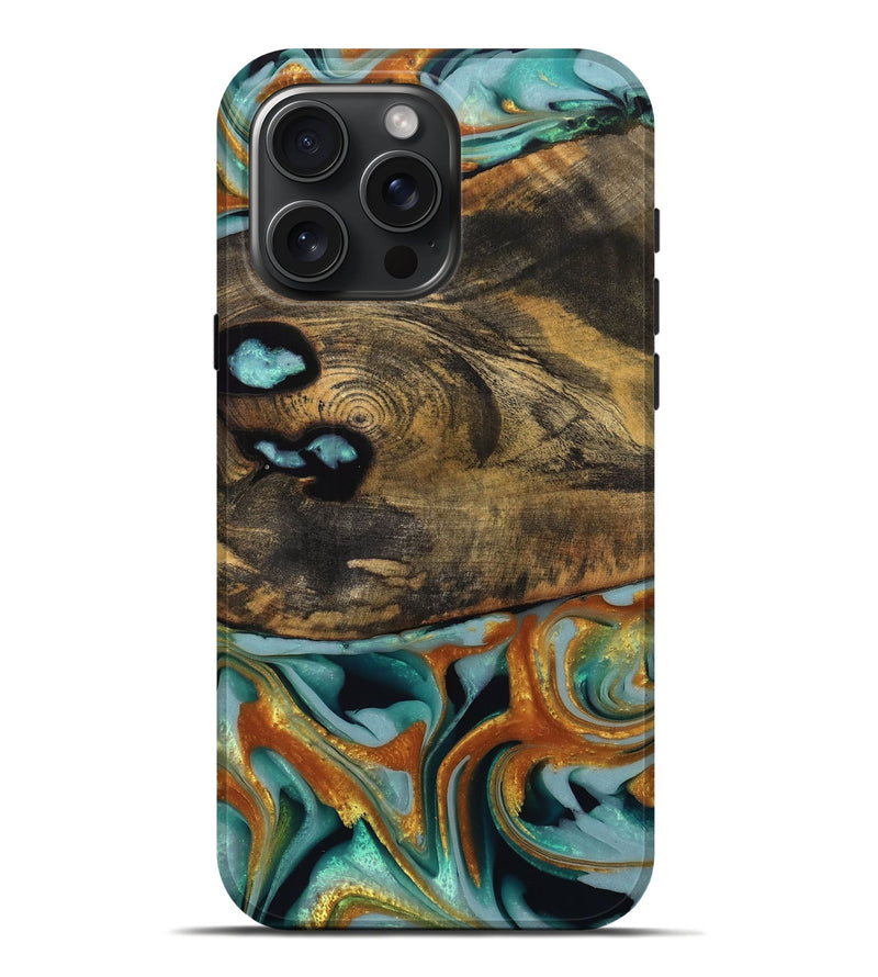 iPhone 16 Pro Max Wood Live Edge Phone Case - Jasver (Teal & Gold, 742967)