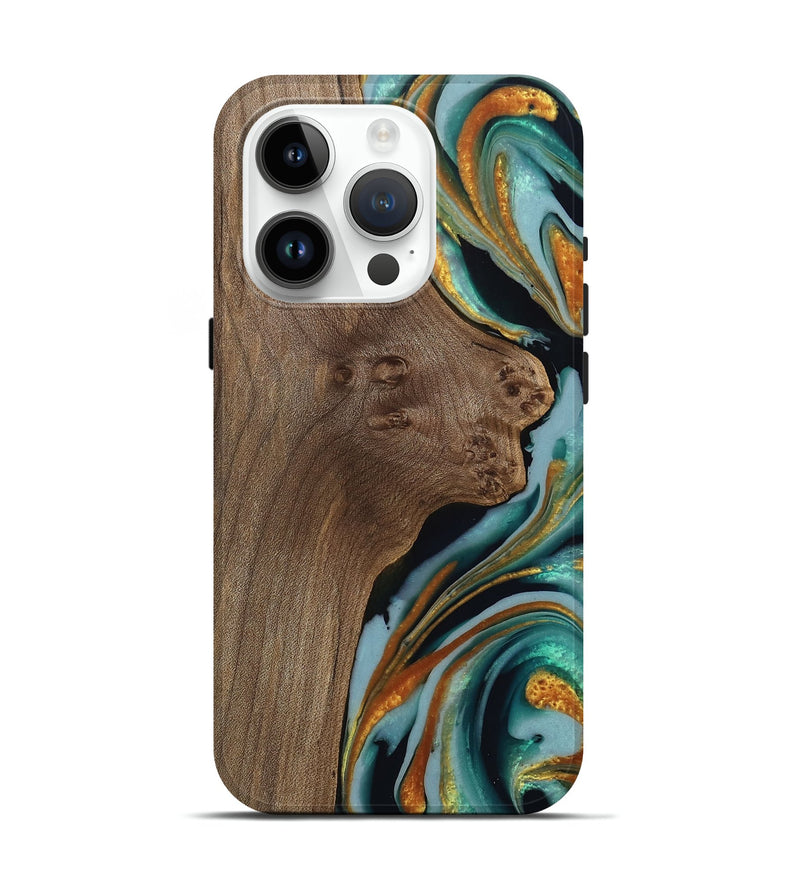 iPhone 15 Pro Wood Live Edge Phone Case - Trevor (Teal & Gold, 742968)