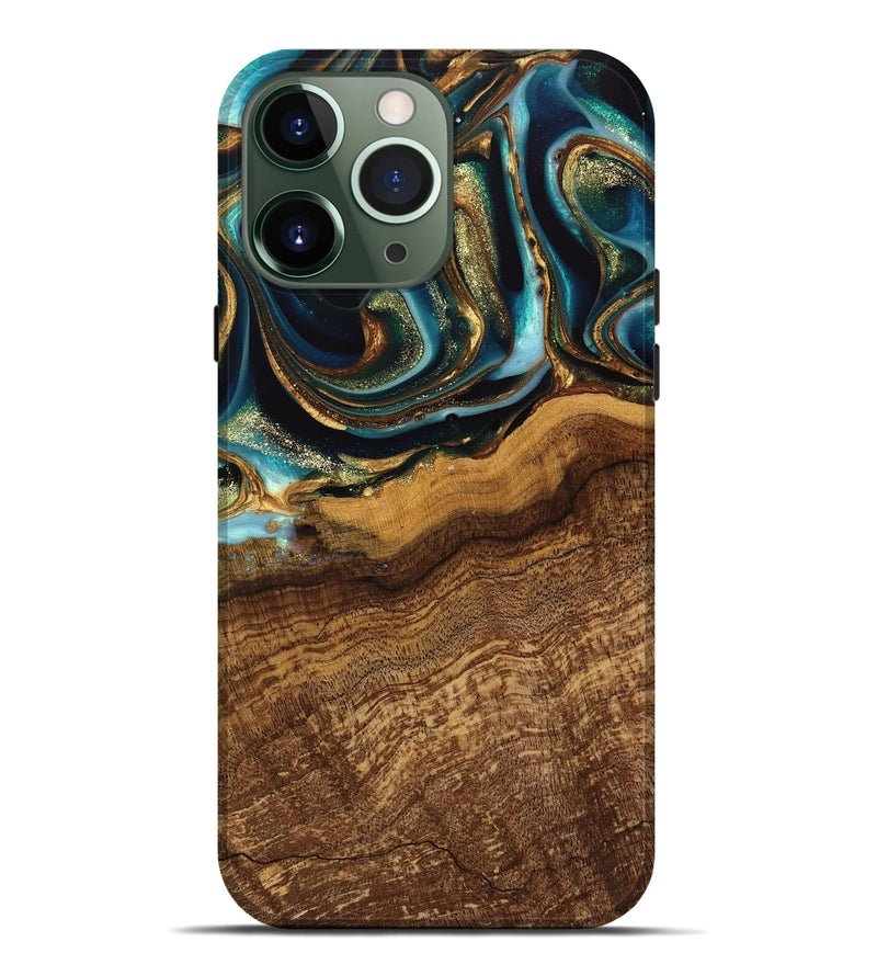 iPhone 13 Pro Max Wood Live Edge Phone Case - Kaylynn (Teal & Gold, 742970)